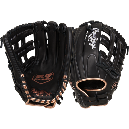 A close-up of the Rawlings R9 13" Fastpitch Glove (R9SB130-6B), made from durable full-grain leather.