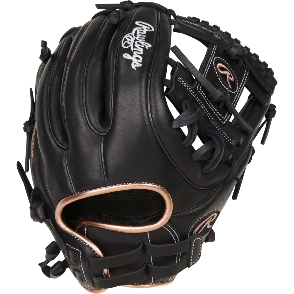 The Rawlings R9 11.75" Fastpitch Glove (R9SB715-2B) is black with tan lacing, white stitching, full-grain leather construction, the Rawlings logo in white on the back, and a metallic accent at the wrist opening.