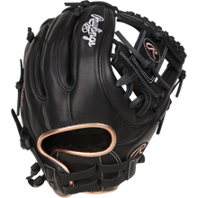 The Rawlings R9 11.75" Fastpitch Glove (R9SB715-2B) is black with tan lacing, white stitching, full-grain leather construction, the Rawlings logo in white on the back, and a metallic accent at the wrist opening.
