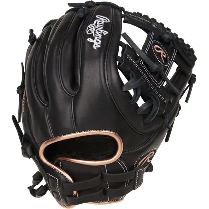 The Rawlings R9 11.75" Fastpitch Glove (R9SB715-2B) is black with tan lacing, white stitching, full-grain leather construction, the Rawlings logo in white on the back, and a metallic accent at the wrist opening.