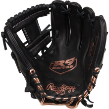 The Rawlings R9 11.75" Fastpitch Glove (R9SB715-2B) is a black, full-grain leather infield glove with brown stitching, “R9 Series” on the palm, prominent edge lacing, and is sized for fastpitch at 11.75 inches.