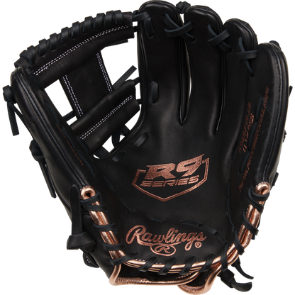 The Rawlings R9 11.75" Fastpitch Glove (R9SB715-2B) is a black, full-grain leather infield glove with brown stitching, “R9 Series” on the palm, prominent edge lacing, and is sized for fastpitch at 11.75 inches.
