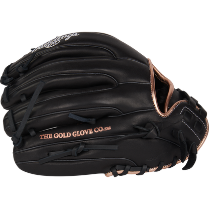 The Rawlings R9 11.75" Fastpitch Glove (R9SB715-2B) features a black and gold design and is crafted from durable full-grain leather for style and performance.