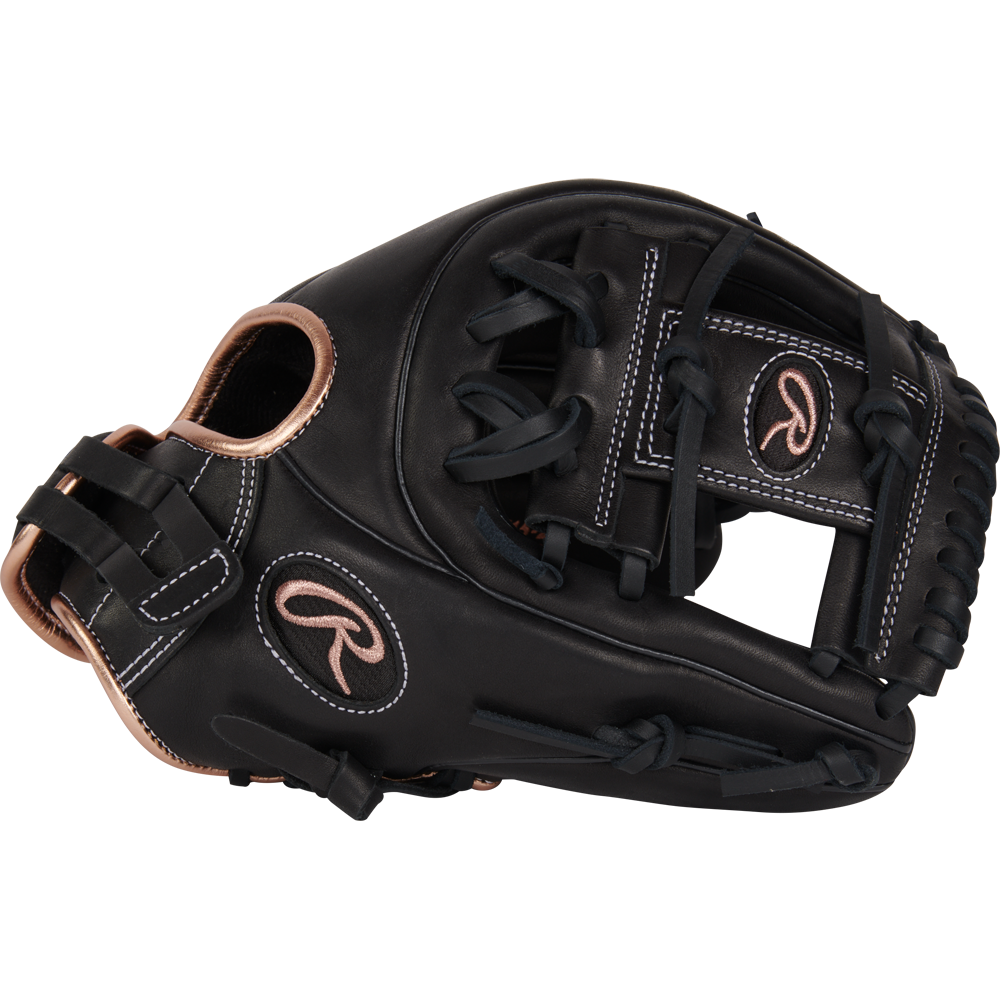 The Rawlings R9 11.75" Fastpitch Glove (R9SB715-2B) features a black full-grain leather design with a pink logo, made for serious infield play.