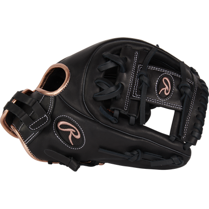 The Rawlings R9 11.75" Fastpitch Glove (R9SB715-2B) features a black full-grain leather design with a pink logo, made for serious infield play.