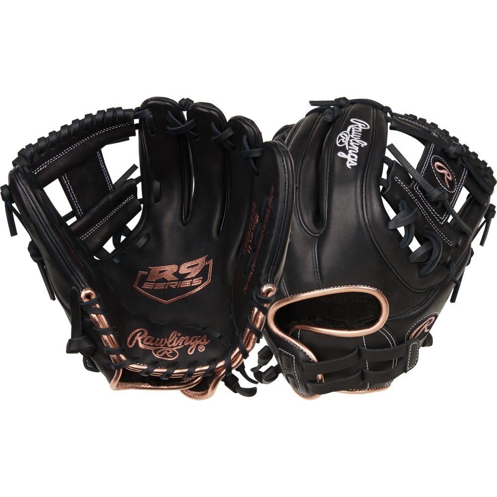 Two Rawlings R9 11.75" Fastpitch Gloves (R9SB715-2B) in black with tan stitching are shown: one displays the palm with branding, the other highlights woven lacing and adjustable wrist strap. Both are made from full-grain leather.