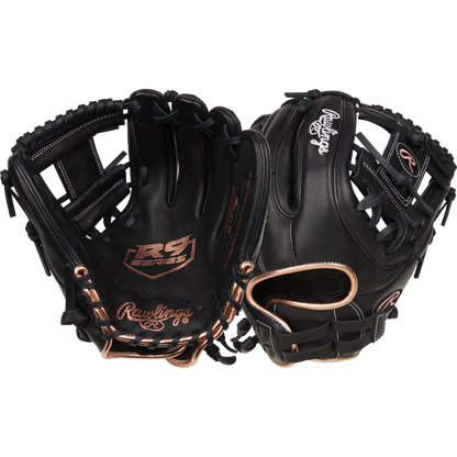 Two Rawlings R9 11.75" Fastpitch Gloves (R9SB715-2B) in black with tan stitching are shown: one displays the palm with branding, the other highlights woven lacing and adjustable wrist strap. Both are made from full-grain leather.