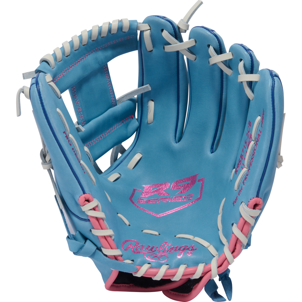 The Rawlings R9 11.75" Fastpitch Glove (R9SB715-2CB) is a light blue glove with white laces and pink accents, made from full-grain leather. The glove is open, displaying the inner palm and finger sections.