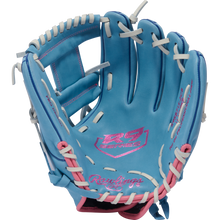 The Rawlings R9 11.75" Fastpitch Glove (R9SB715-2CB) is a light blue glove with white laces and pink accents, made from full-grain leather. The glove is open, displaying the inner palm and finger sections.