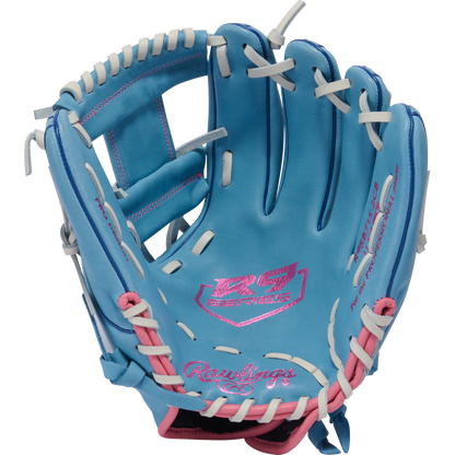 The Rawlings R9 11.75" Fastpitch Glove (R9SB715-2CB) is a light blue glove with white laces and pink accents, made from full-grain leather. The glove is open, displaying the inner palm and finger sections.