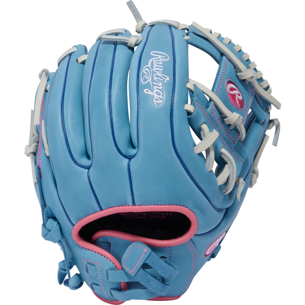 The Rawlings R9 11.75" Fastpitch Glove (R9SB715-2CB) features full-grain leather in light blue with white laces and pink embroidery and lining, shown on a plain white background.