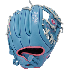The Rawlings R9 11.75" Fastpitch Glove (R9SB715-2CB) features full-grain leather in light blue with white laces and pink embroidery and lining, shown on a plain white background.