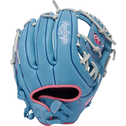 The Rawlings R9 11.75" Fastpitch Glove (R9SB715-2CB) features full-grain leather in light blue with white laces and pink embroidery and lining, shown on a plain white background.