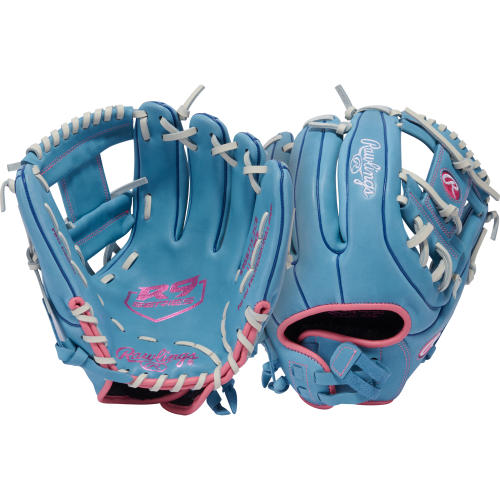 Two Rawlings R9 11.75" Fastpitch Gloves (R9SB715-2CB) with blue full-grain leather, white laces, and pink accents are shown in front and back views against a plain white background.