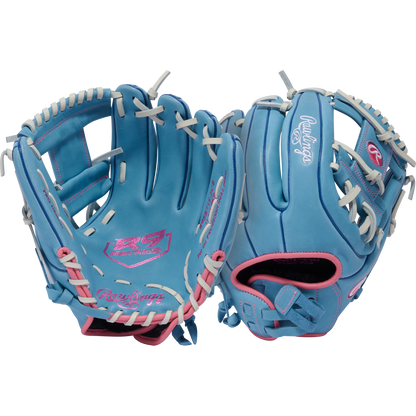 Two Rawlings R9 11.75" Fastpitch Gloves (R9SB715-2CB) with blue full-grain leather, white laces, and pink accents are shown in front and back views against a plain white background.