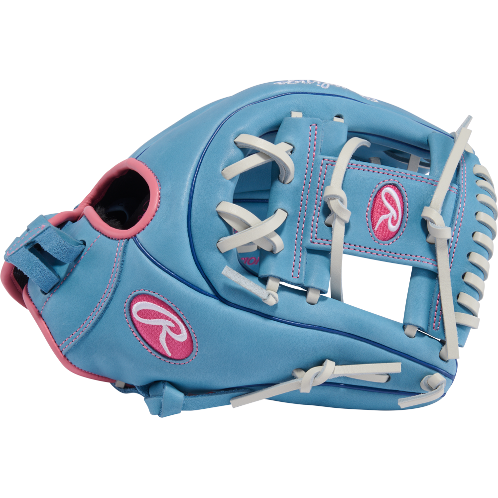 The Rawlings R9 11.75" Fastpitch Glove (R9SB715-2CB) features light blue full-grain leather, white laces, and pink stitching and logos. This infield glove by Rawlings is displayed on a plain white background.