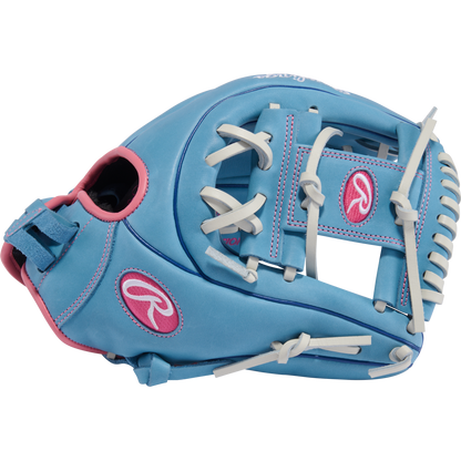 The Rawlings R9 11.75" Fastpitch Glove (R9SB715-2CB) features light blue full-grain leather, white laces, and pink stitching and logos. This infield glove by Rawlings is displayed on a plain white background.