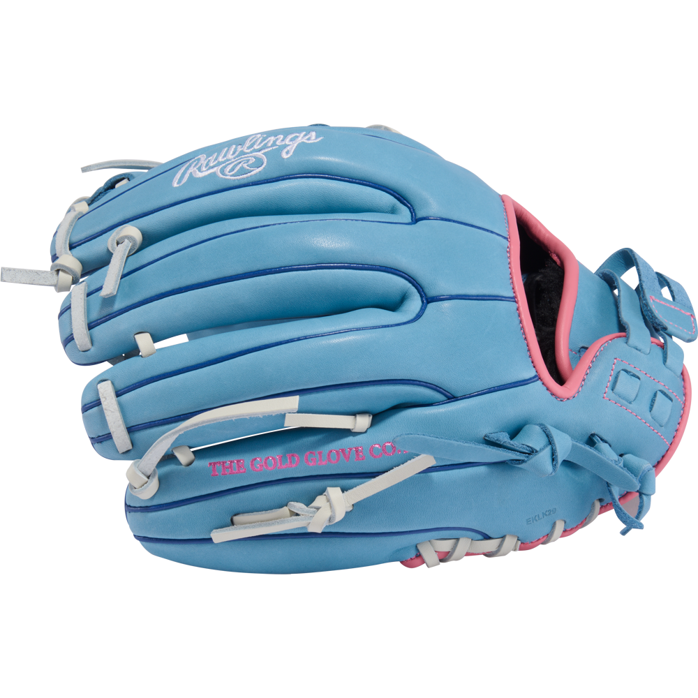 The Rawlings R9 11.75" Fastpitch Glove (R9SB715-2CB) features a sky blue, full-grain leather design with pink accents, white laces, and “THE GOLD GLOVE CO.” in pink—perfect for quick infield plays.