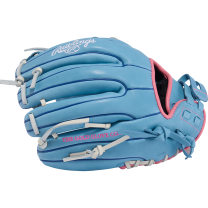 The Rawlings R9 11.75" Fastpitch Glove (R9SB715-2CB) features a sky blue, full-grain leather design with pink accents, white laces, and “THE GOLD GLOVE CO.” in pink—perfect for quick infield plays.