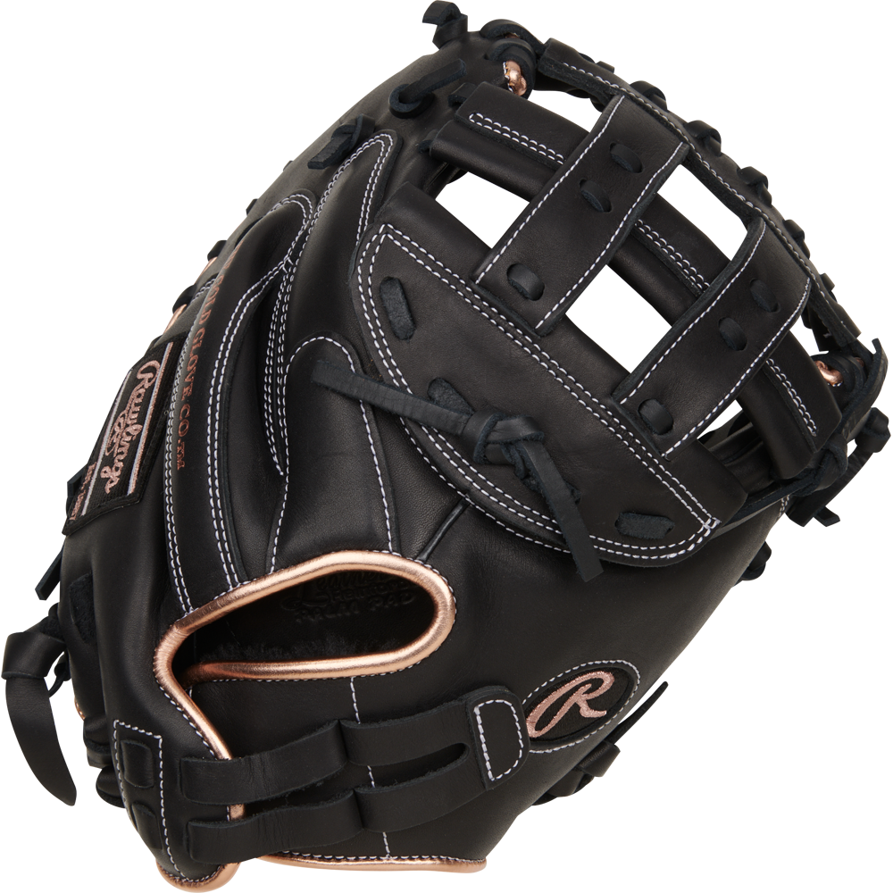 The Rawlings R9 33" Fastpitch Catcher's Mitt (R9SBCM33-24B) features durable black full-grain leather with tan accents and white stitching, plus a deep pocket and webbed top for excellent performance behind the plate.