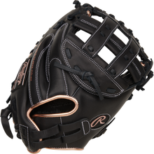 The Rawlings R9 33" Fastpitch Catcher's Mitt (R9SBCM33-24B) features durable black full-grain leather with tan accents and white stitching, plus a deep pocket and webbed top for excellent performance behind the plate.