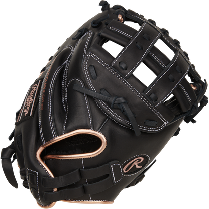 The Rawlings R9 33" Fastpitch Catcher's Mitt (R9SBCM33-24B) features durable black full-grain leather with tan accents and white stitching, plus a deep pocket and webbed top for excellent performance behind the plate.