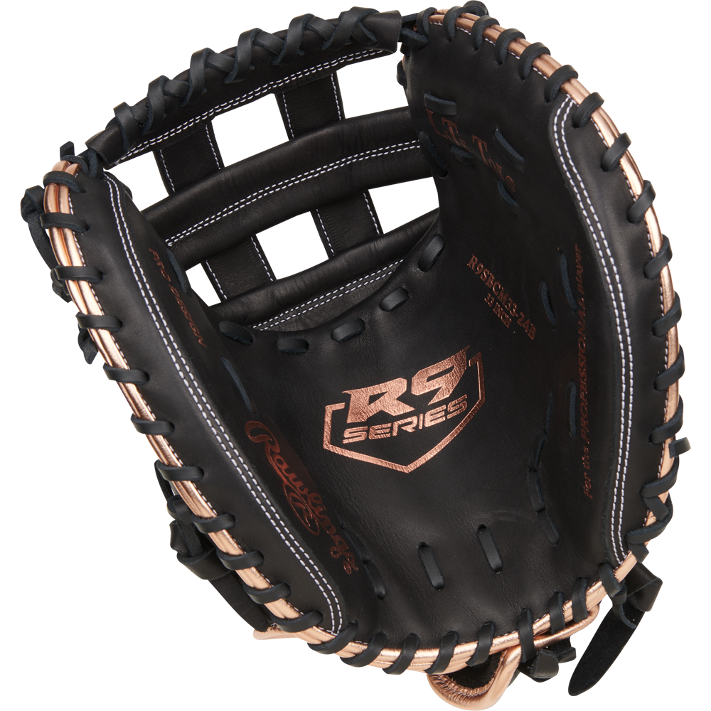 The Rawlings R9 33" Fastpitch Catcher's Mitt (R9SBCM33-24B) features black and gold premium full-grain leather, delivering a sleek look and reliable performance for catchers.
