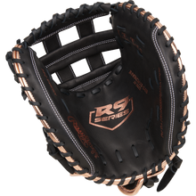 The Rawlings R9 33" Fastpitch Catcher's Mitt (R9SBCM33-24B) features black and gold premium full-grain leather, delivering a sleek look and reliable performance for catchers.