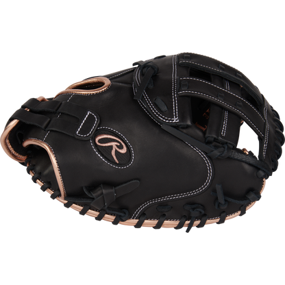 The Rawlings R9 33" Fastpitch Catcher's Mitt (R9SBCM33-24B) features premium full-grain leather in black and gold, combining style and performance for catchers.