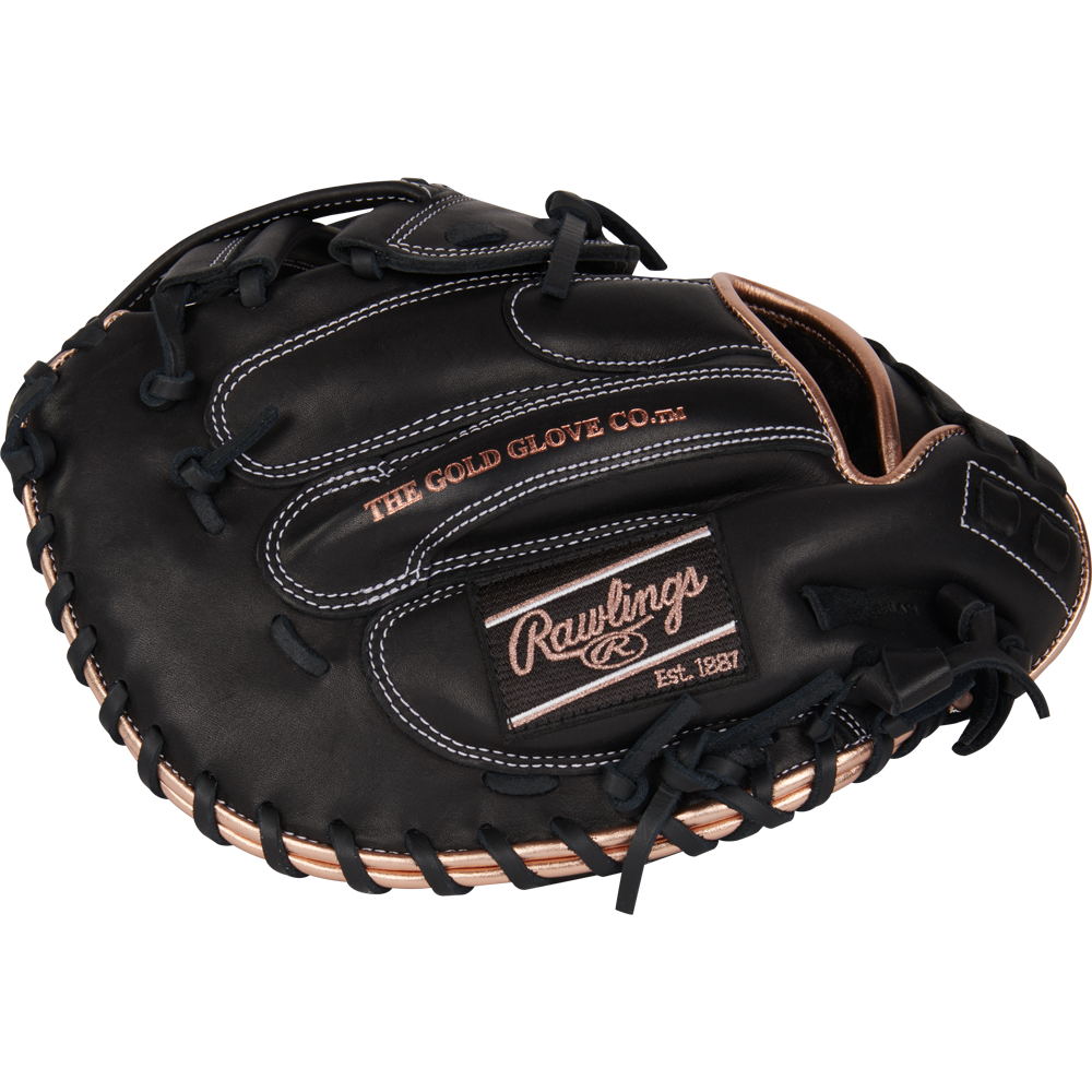 The Rawlings R9 33" Fastpitch Catcher's Mitt (R9SBCM33-24B) features a black and brown full-grain leather design for lasting performance.
