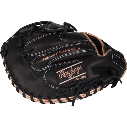 The Rawlings R9 33" Fastpitch Catcher's Mitt (R9SBCM33-24B) features a black and brown full-grain leather design for lasting performance.