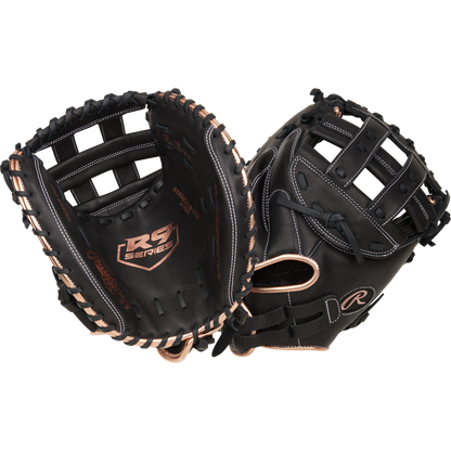 Two black Rawlings R9 33" Fastpitch Catcher's Mitts (R9SBCM33-24B) with tan laces are displayed open and closed, highlighting the Rawlings branding, webbing details, and full-grain leather construction.