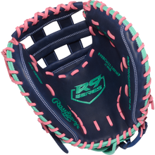 The Rawlings R9 33" Fastpitch Catcher's Mitt (R9SBCM33-24NMP) features navy blue leather with pink and mint lacing, RS Series and green Rawlings logos—an eye-catching softball glove built for elite catchers.