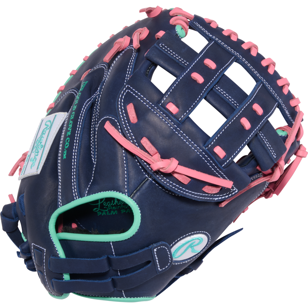 The Rawlings R9 33" Fastpitch Catcher's Mitt (R9SBCM33-24NMP) features navy blue leather, pink laces, teal accents, white stitching, and Rawlings logos on the palm and wrist strap—a standout softball glove.