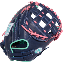 The Rawlings R9 33" Fastpitch Catcher's Mitt (R9SBCM33-24NMP) features navy blue leather, pink laces, teal accents, white stitching, and Rawlings logos on the palm and wrist strap—a standout softball glove.