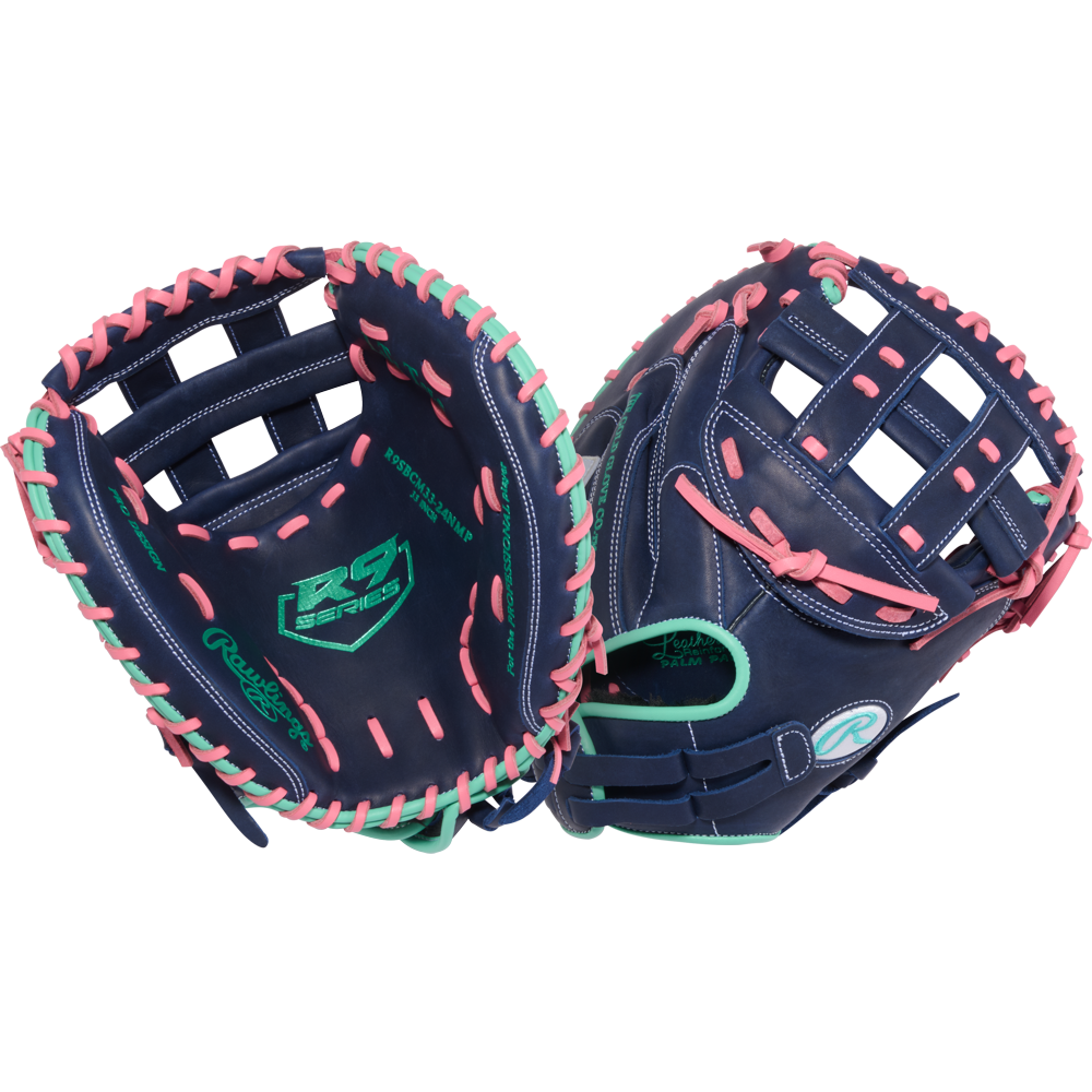 A pair of Rawlings R9 33" Fastpitch Catcher's Mitts (R9SBCM33-24NMP) in dark blue with pink and teal laces, white stitching, and teal branding on a plain white background.