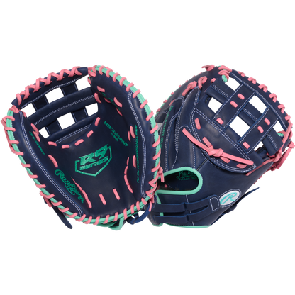 A pair of Rawlings R9 33" Fastpitch Catcher's Mitts (R9SBCM33-24NMP) in dark blue with pink and teal laces, white stitching, and teal branding on a plain white background.