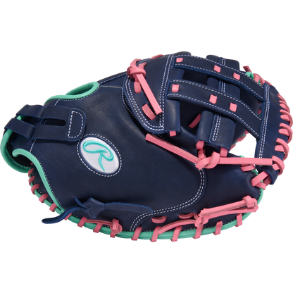 The Rawlings R9 33" Fastpitch Catcher's Mitt (R9SBCM33-24NMP) features navy blue leather, pink laces, mint green accents, white stitching, and a teal Rawlings logo for standout style and top performance behind the plate.