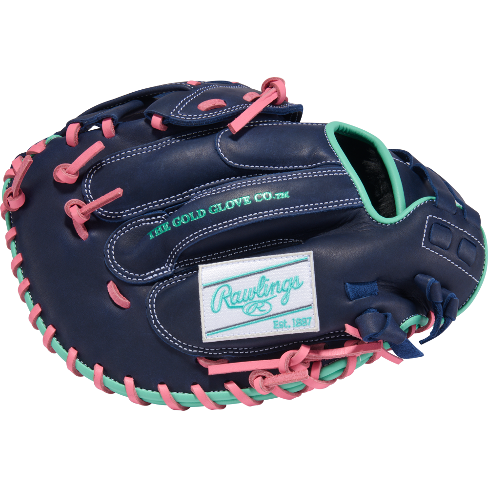 The Rawlings R9 33" Fastpitch Catcher's Mitt (R9SBCM33-24NMP) features blue leather, pink laces, mint green accents, and teal Rawlings/The Gold Glove Co. embroidery—a standout mitt perfect for softball catchers.