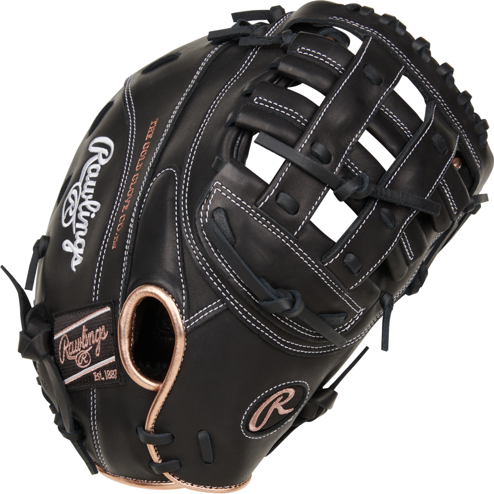 A Rawlings R9 12.5" Fastpitch First Base Mitt (R9SBFBM-17B), featuring black full-grain leather with tan laces, white stitching, and Rawlings logos on the thumb and wrist strap, displayed on a white background.