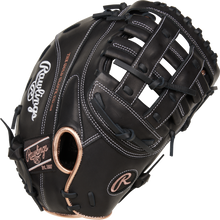 A Rawlings R9 12.5" Fastpitch First Base Mitt (R9SBFBM-17B), featuring black full-grain leather with tan laces, white stitching, and Rawlings logos on the thumb and wrist strap, displayed on a white background.