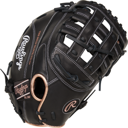 A Rawlings R9 12.5" Fastpitch First Base Mitt (R9SBFBM-17B), featuring black full-grain leather with tan laces, white stitching, and Rawlings logos on the thumb and wrist strap, displayed on a white background.