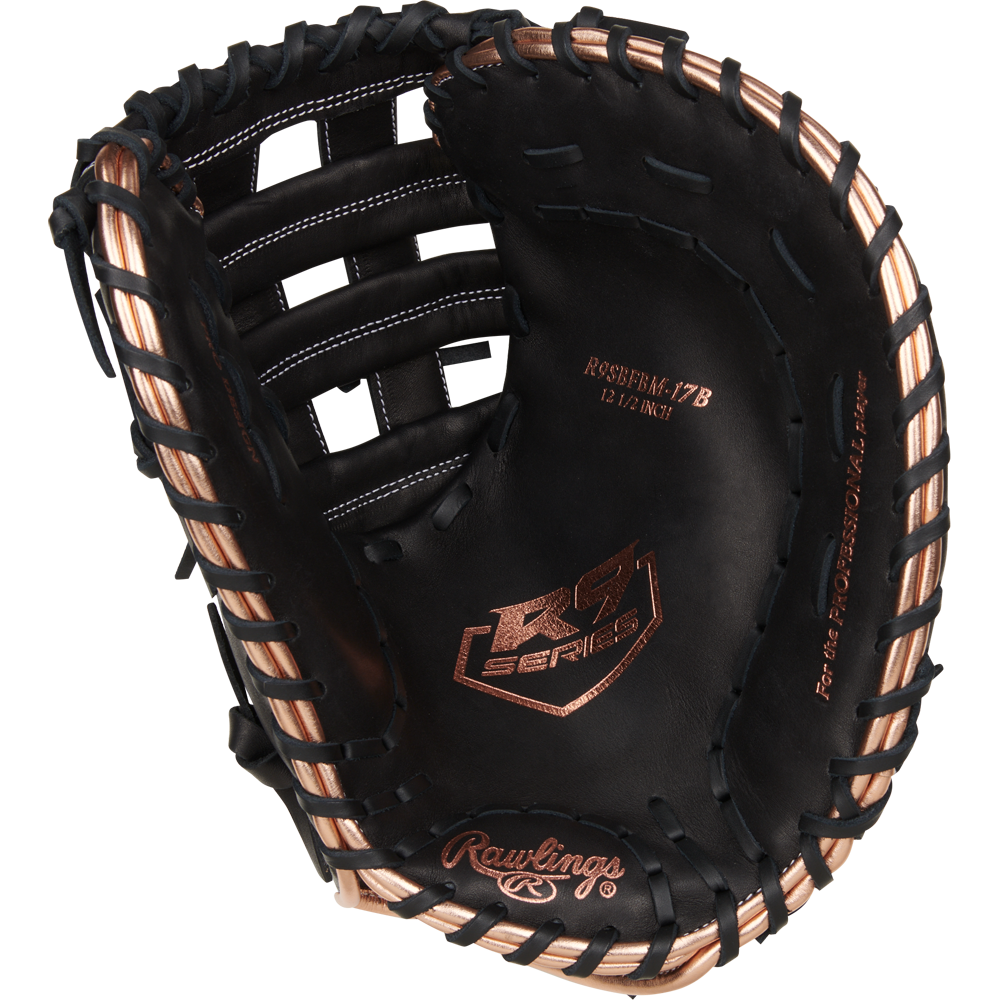 The Rawlings R9 12.5" Fastpitch First Base Mitt (R9SBFBM-17B) features black full-grain leather, tan lacing, and RS Series branding inside the pocket, displayed on a white background.