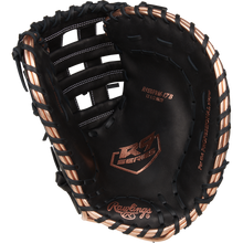 The Rawlings R9 12.5" Fastpitch First Base Mitt (R9SBFBM-17B) features black full-grain leather, tan lacing, and RS Series branding inside the pocket, displayed on a white background.