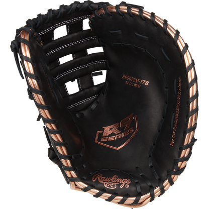 The Rawlings R9 12.5" Fastpitch First Base Mitt (R9SBFBM-17B) features black full-grain leather, tan lacing, and RS Series branding inside the pocket, displayed on a white background.