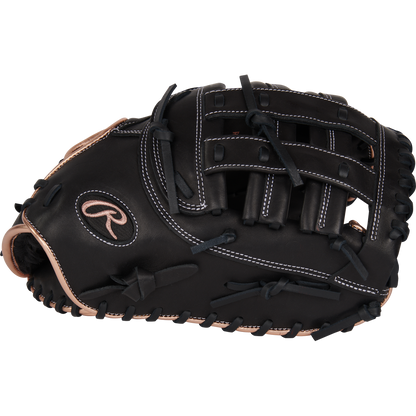 The Rawlings R9 12.5" Fastpitch First Base Mitt (R9SBFBM-17B) is a black glove with tan accents and white stitching, featuring a webbed pocket, embroidered Rawlings logo, and crafted from premium full-grain leather for durability.