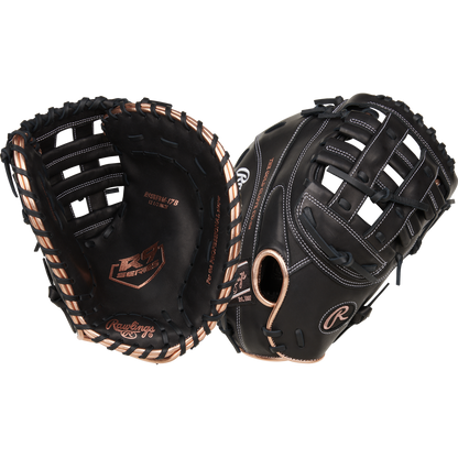 Two black Rawlings R9 12.5" Fastpitch First Base Mitts (R9SBFBM-17B) with tan laces are displayed—one palm side, one back—showing Rawlings branding and a basket web, perfect for Rawlings fans.
