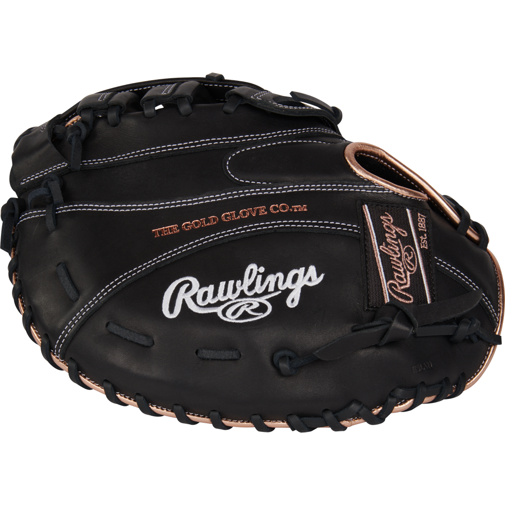 A black Rawlings R9 12.5" Fastpitch First Base Mitt (R9SBFBM-17B) with tan lacing, featuring Rawlings embroidery in white and gold, is crafted from durable full-grain leather for great performance and feel.