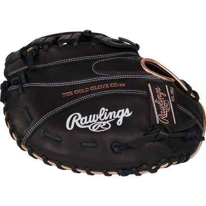 A black Rawlings R9 12.5" Fastpitch First Base Mitt (R9SBFBM-17B) with tan lacing, featuring Rawlings embroidery in white and gold, is crafted from durable full-grain leather for great performance and feel.