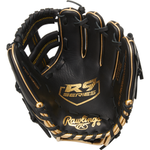 The Rawlings R9 9.5" Training Baseball Glove (R9TRBG) features a black design with gold accents, visible Rawlings branding on the palm and thumb, and is displayed against a white background—ideal for baseball training.